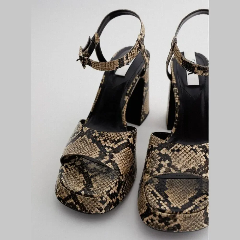 Zara NWT Snake Print Platform Block Heel Ankle Strap Sandals Size 8